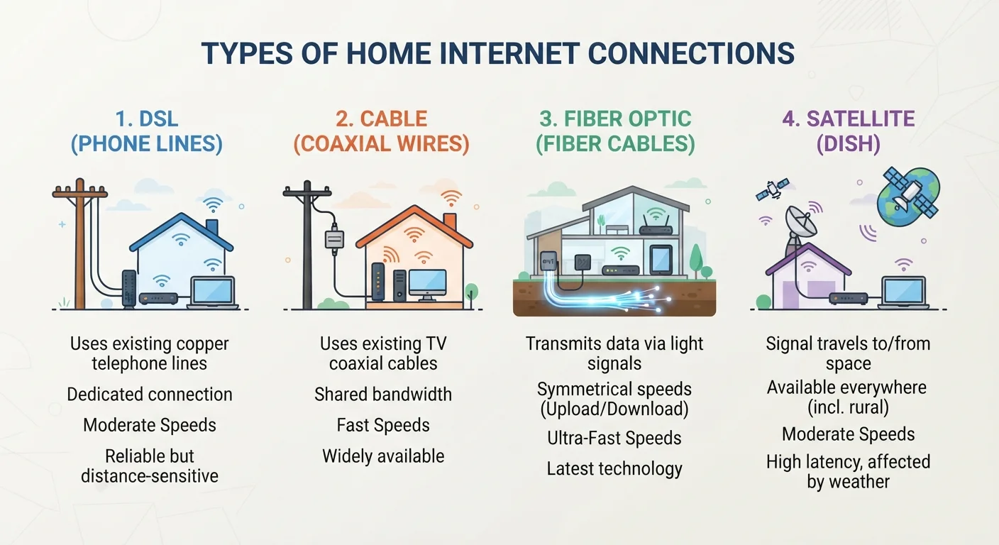 Home Internet Types Explained: DSL, Cable, Fiber, and Satellite